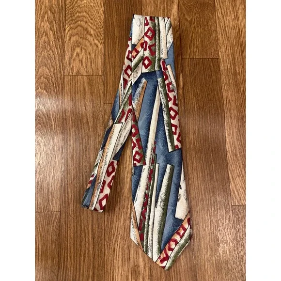Surrey Mens Vintage 90s Geometric Abstract Print Necktie Blue Red Green USA Made