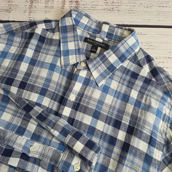 Banana Republic Mens Large Blue Plaid Linen Cotton Long Sleeve Button Up Shirt