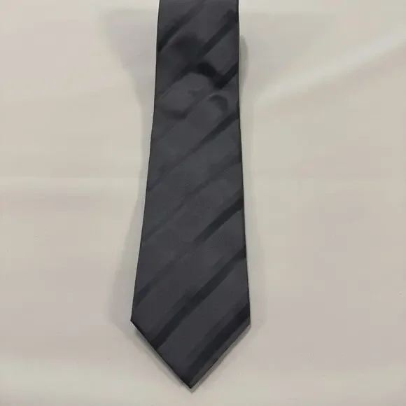 Barneys New York Gray And Black Striped 100% Italian Silk Tie