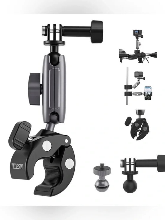 Gray Action Camera Clamp Mount with Adjustable Arm - Gray