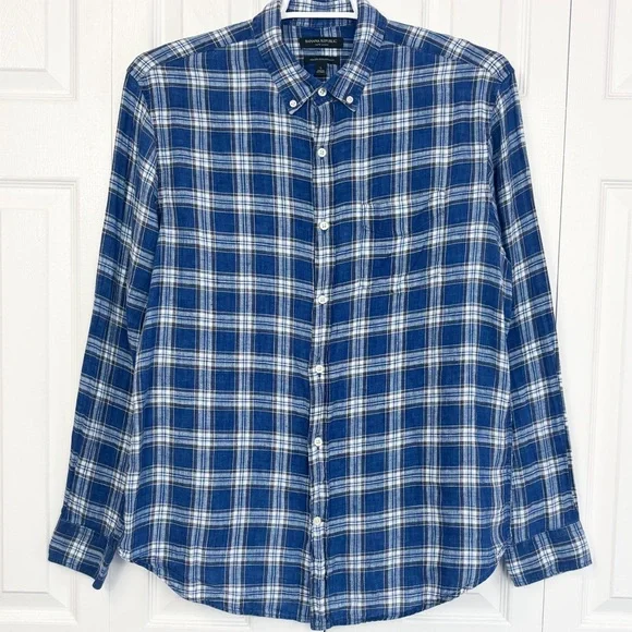 Banana Republic Blue Plaid 100% Linen Camden Standard Fit Shirt Large