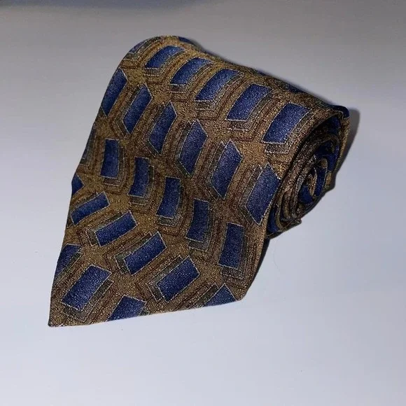 Vtg Woodward Brownish gold and blue geometric patterned silk tie gold‎