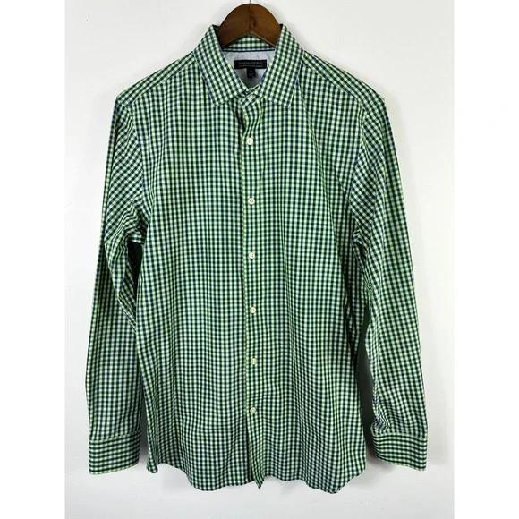 Banana Republic Mens Button Up Shirt Medium Green Plaid Non‎ Iron Tailored Slim