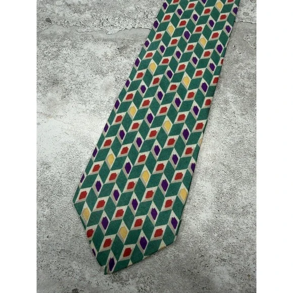 VTG FORRESTEL Tie Mens One Size‎ Green Geometric 100% Silk Made In USA Necktie