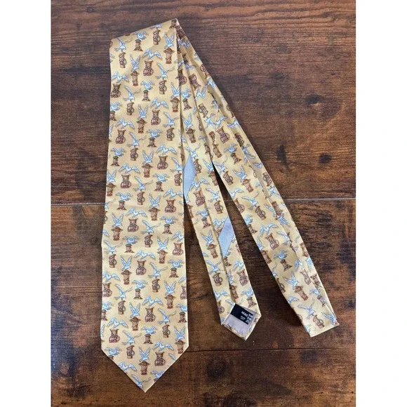 Salvatore Ferragamo Mens Yellow Silk Nautical Seagull Anchor Tie Made in Italy