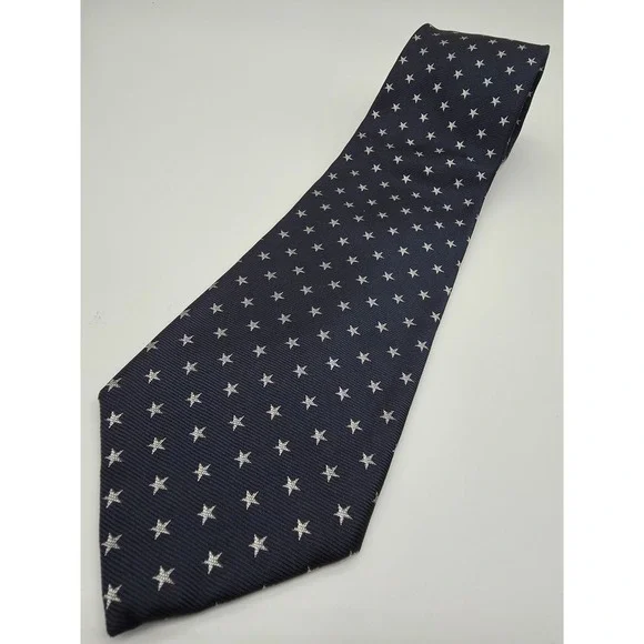 Lands' End Hand Sewn Vintage 100% Silk Neck Tie Blue Silver Stars 58