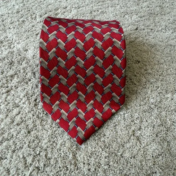 Calvin Klein Mens Silk Tie Red Tan Blue Geometric‎ Basketweave Made in USA 4x58