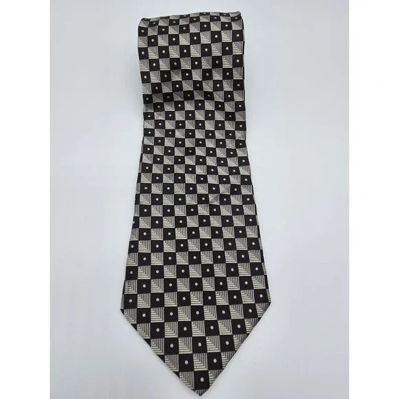Vintage Nautica Men's Black Tan Gray Silk Geometric Tie Necktie 57