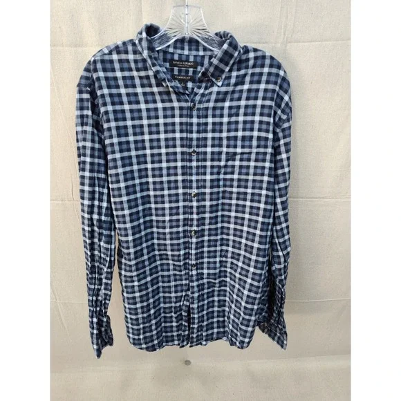 Banana Republic Luxe Flannel Camden Fit Navy Blue Check Button Down Shirt Mens L