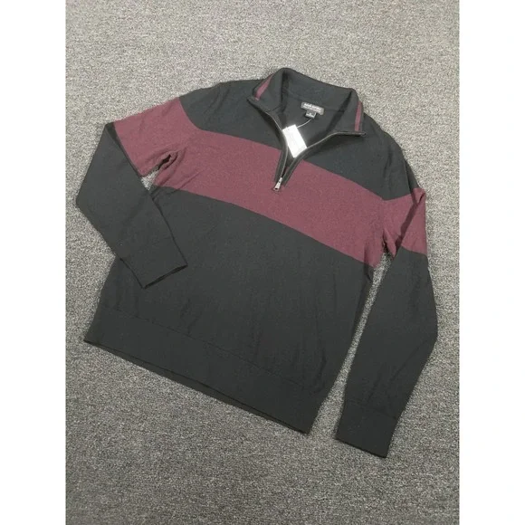 New Banana Republic Sweater Men's Medium Black Burgundy Striped 1/4 Zip Cashmere
