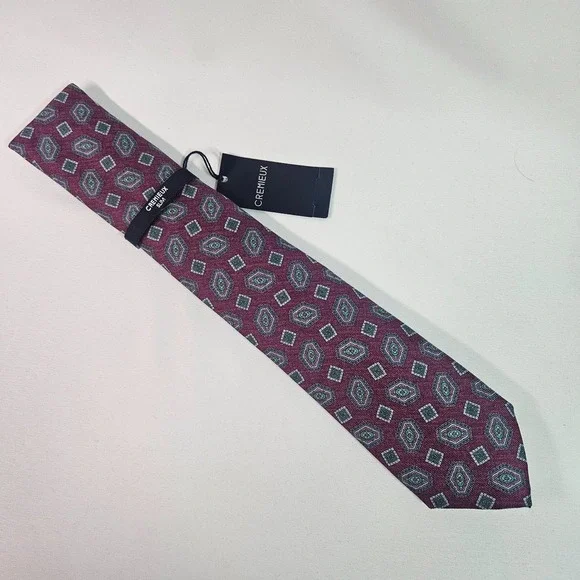 New Cremieux Slim Cotton Silk Made in Italy Tie Men Geometric Red 3