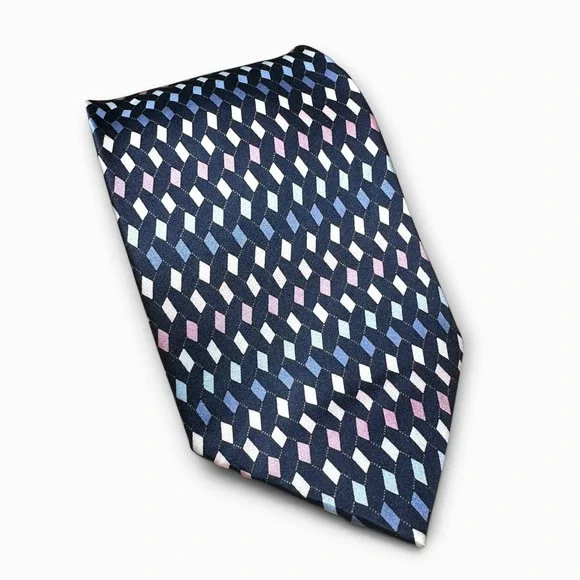 Kilburne and Finch Mens Silk Necktie Navy Blue Pink Geometric Pattern Tie