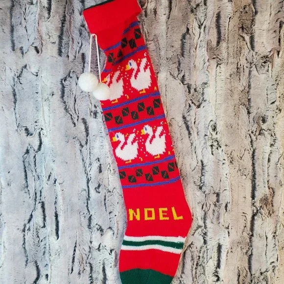 Vintage Knit Merry Red Christmas Stocking Sock Noel White Swans Ducks - 24