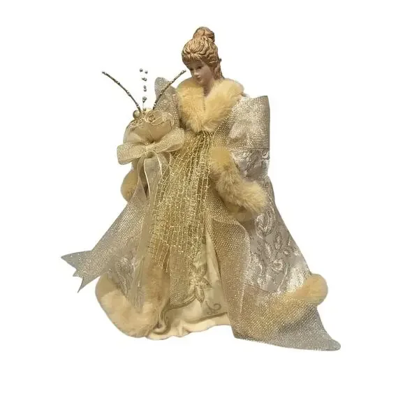 Vtg Lace Satin Angel Tree Topper/table Top Porcelain Face Embroidered 12 in Gold
