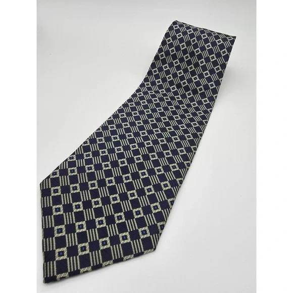 Alberto Vincelli 100% Silk Blue Tan Geometric Tie Made in Italy 55