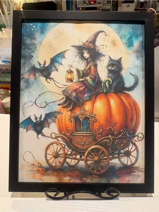 Witch and Cat Pumpkin Carriage Framed 8x10 Wall Art