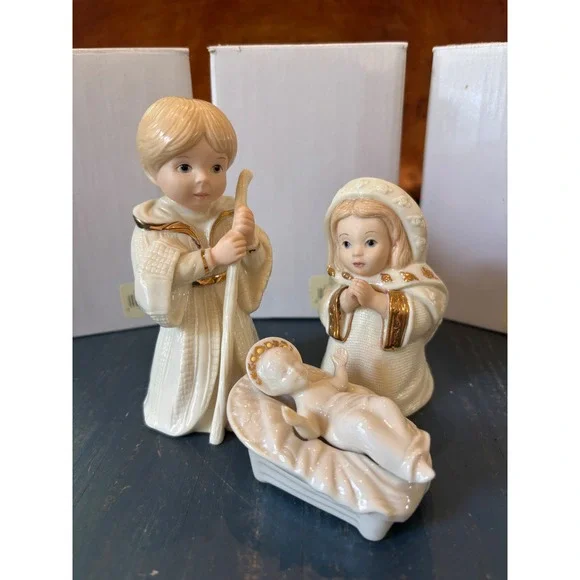 Lenox China Jewels Collection Nativity Holy Family Gold Accents Ivory~ Set of 3