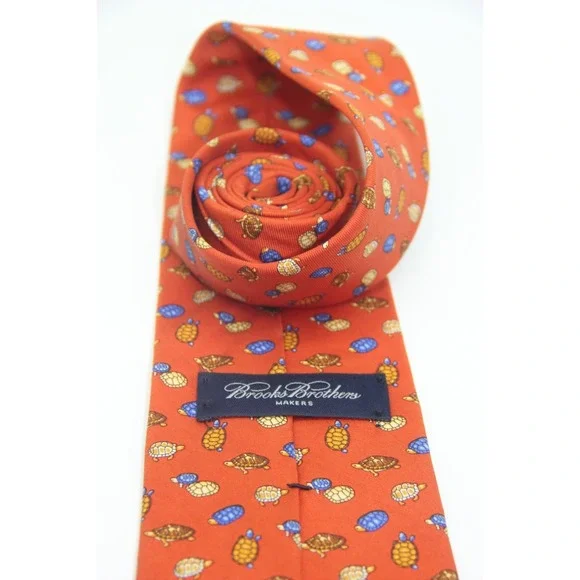 Brooks Brothers Makers Tie Orange Turtles Silk Preppy Old Money Nautical Beach