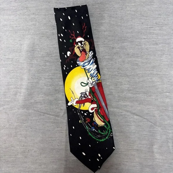 Vintage Looney Tunes Christmas Holiday Necktie Bugs Bunny Taz Silk Tie 1995