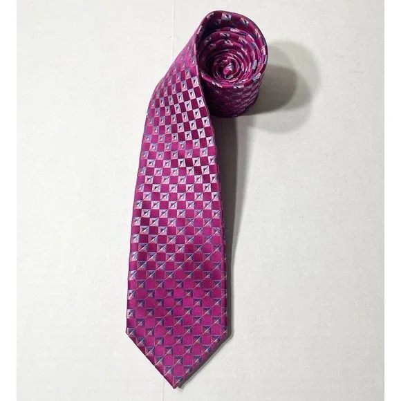 Hickey Freeman Tie‎ Men's OS Pink Geometric AOP 100% Silk Professional Office
