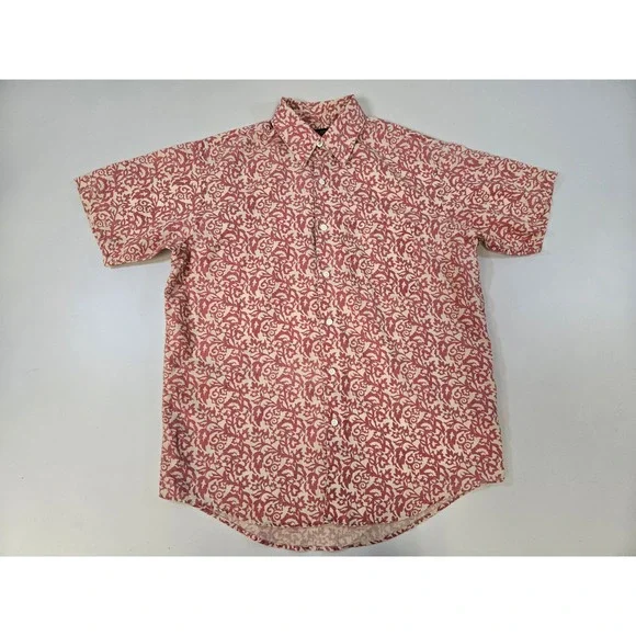 Banana Republic Mens Small Red Cream Damask Scroll Print‎ 100% Linen SS Shirt
