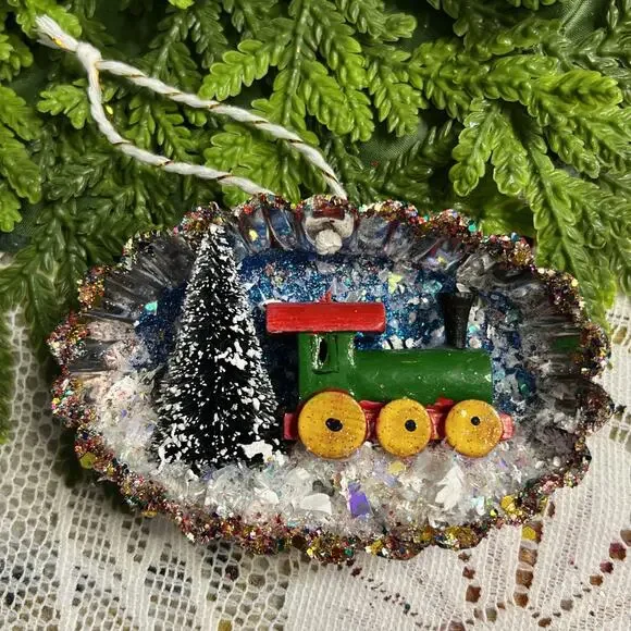 Vintage Oval Tart Tin Train Tree Diorama Mid Century Style Glitter Ornament