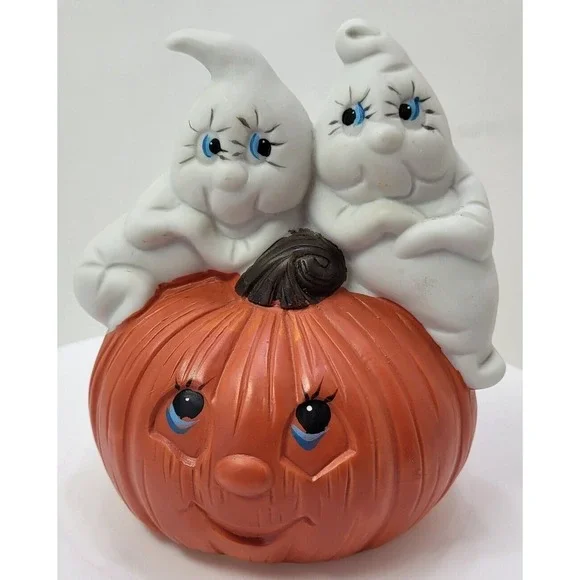 Halloween Ceramic Jack-o-lantern Ghosts Pumpkin Hand Painted Mold Music Box Vtg