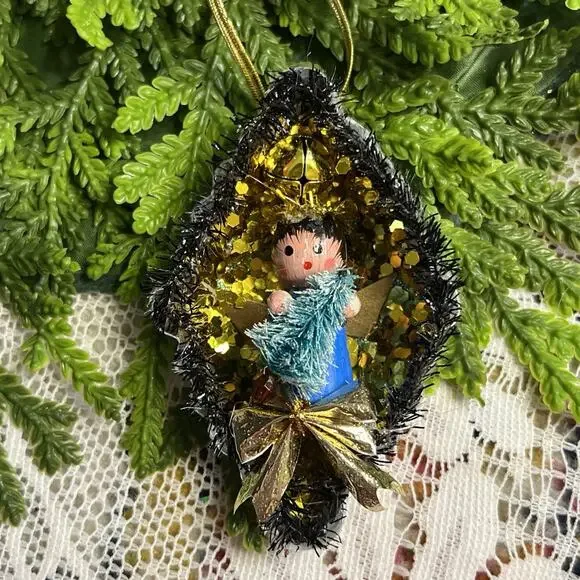 Vintage Diamond Tart Tin Angel & Tree Diorama Mid Century Style Glitter Ornament