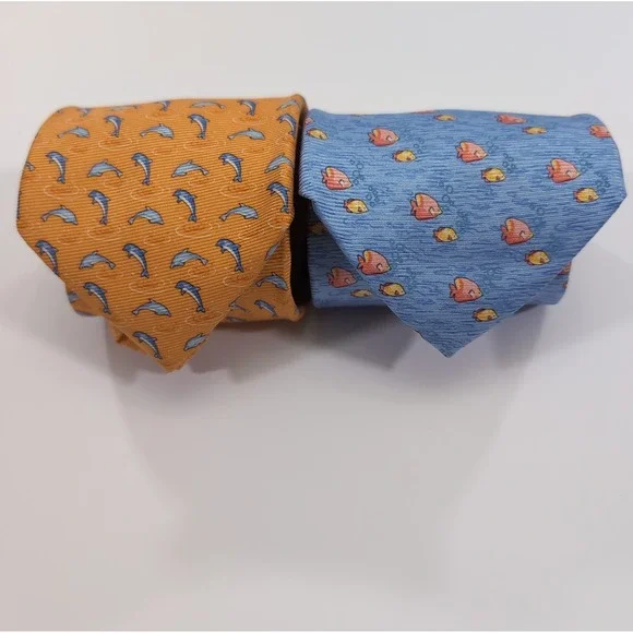 Tommy Hilfiger Mens Neckties Lot OS Orange Blue Silk Dolphin Seascape Fun Design