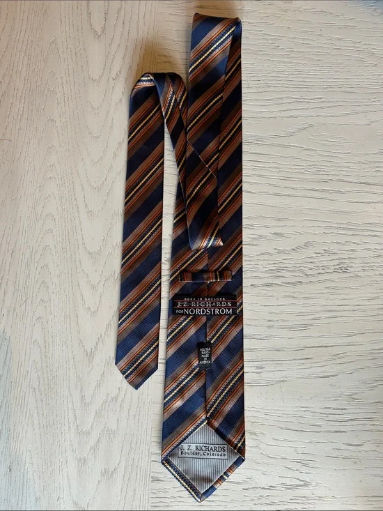 Nordstrom J. Z. Richards 100% Silk Navy, Brown and Orange Striped Silk Tie