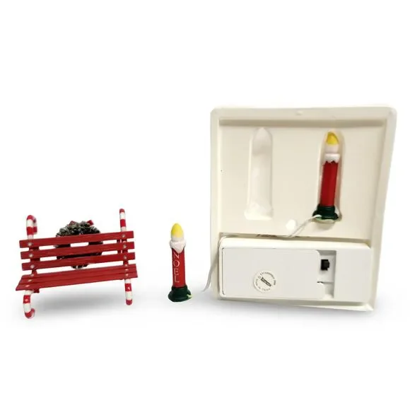 Dept 56 SNOW VILLAGE Candy Cane Bench 52669 + Light Up LeMax Yard Candle VTG