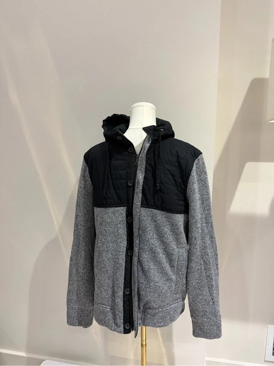 Banana Republic Grey and Black Hooded Mixed-Material Jacket