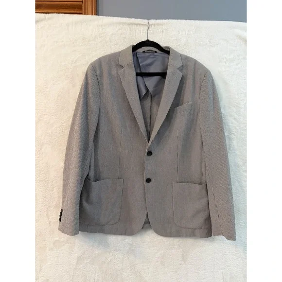 Banana Republic Seersucker Blazer Mens 44R Tailored Slim Fit Black White Striped