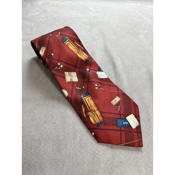 Vintage Lands End Silk‎ Novelty Golf Neck Tie Plaid Teacher USA Coach Preppy Dad
