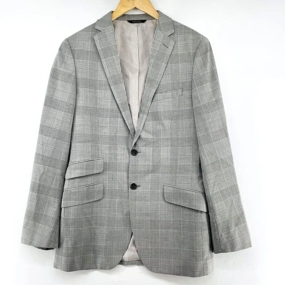 Banana Republic Blazer Men 40L Modern Slim Fit‎ Glen Plaid Italian Wool Gray