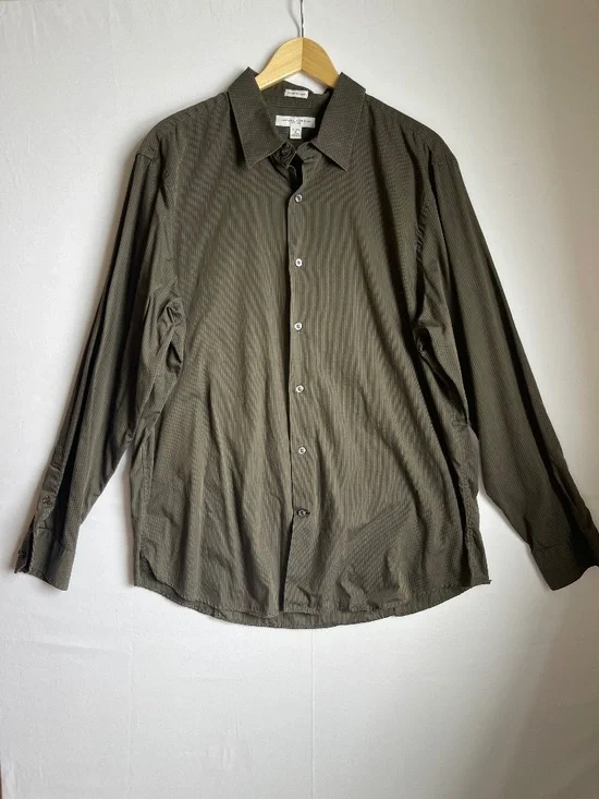 Banana Republic Men XL 17 17.5 Fitted Shirt Olive Green Woven In Italy Cotton