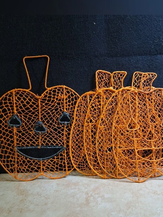 Vintage Macrame Halloween Decoration Decor Wall Art Pumpkin Jack O Lantern Set/5