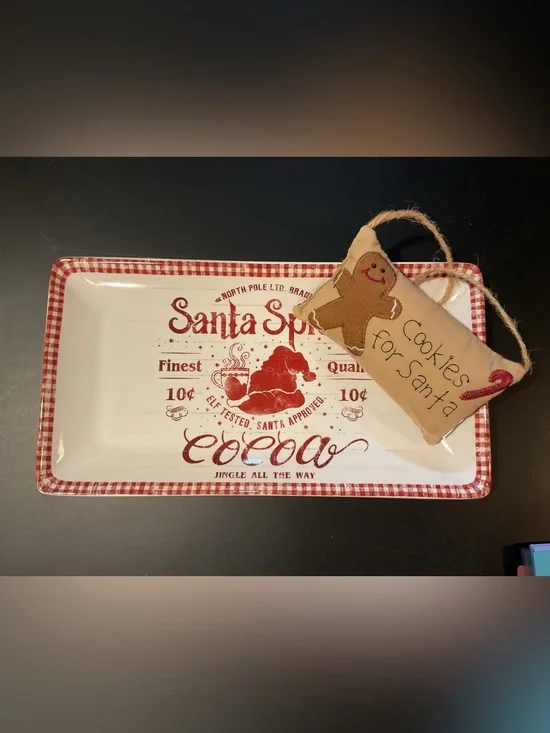Pier 1 Christmas Cocoa Serving Platter & Gingerbread Pillow Ornament Bundle