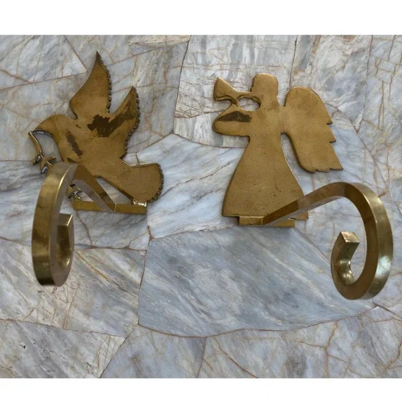 Vintage Solid Brass Christmas Stocking Holders Set of 2 Angel and Dove Gold