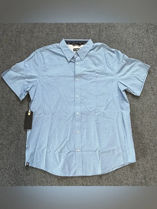 Rank 45 Mens Large Button Down Shirt Blue Geometric Print Short Sleeve NWT