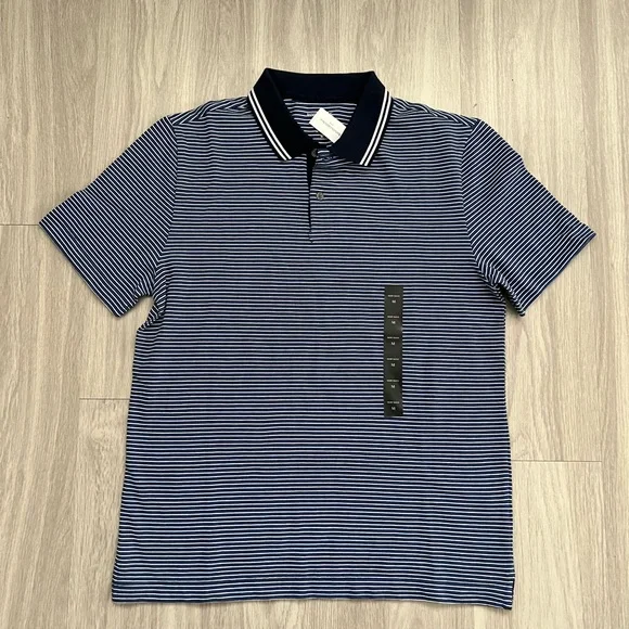 NWT Banana Republic Pique Polo Shirt Men’s Medium Blue White Striped Organic