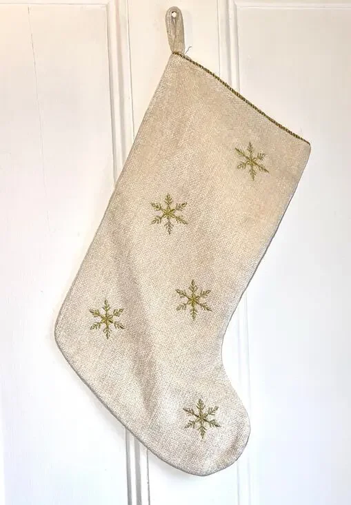 Cream Soft Christmas Stocking Metallic Gold Embroidered Snowflakes
