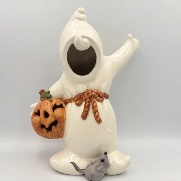 Vintage Ceramic White Ghost W/ Pumpkin / Jack O Lantern & Mouse 11.5