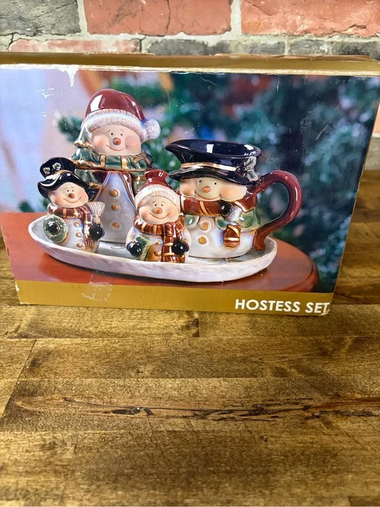 Holiday Snowman Hostess Set Ceramic Serving Set - White/Red