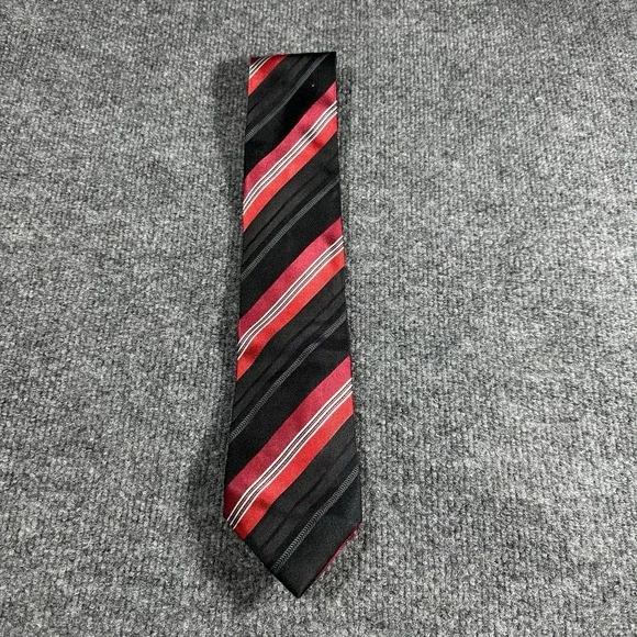 Geoffrey Beene Mens Red Black White Diagonal Striped 100% Silk Hand Made Necktie