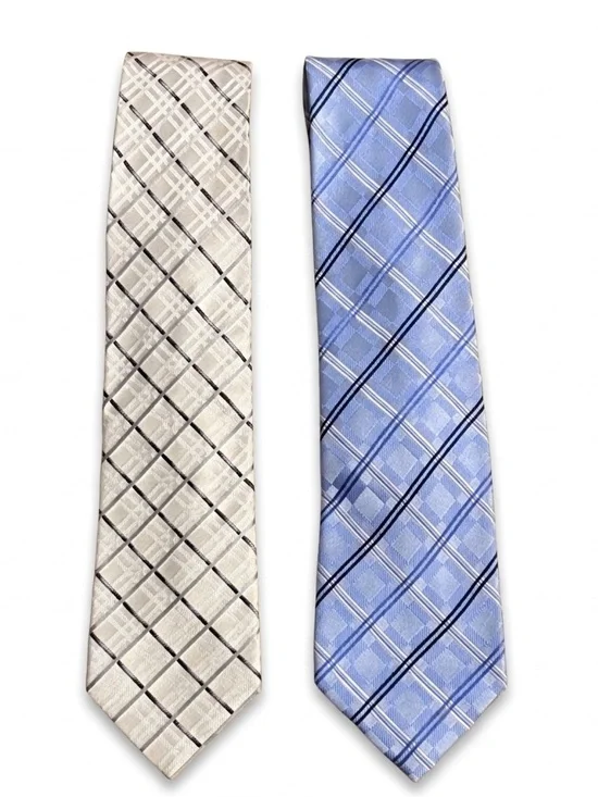 Geoffrey Beene 100% Silk Plaid Ties - Gray and Blue Set of 2