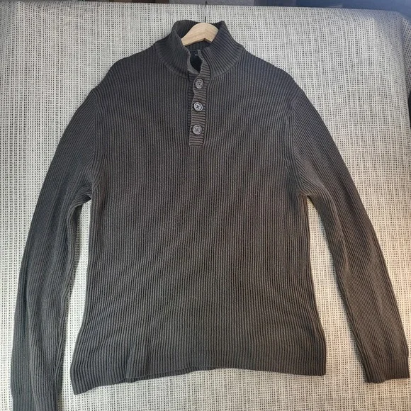 Banana Republic Sweater Mens Large Gray Ribbed Mock Neck Button Knit Pullover‎