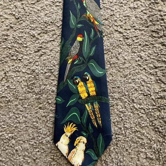Vintage Parrot Navy Tie with Yellow and Green Neck Tie Boho Summer Parrothead
