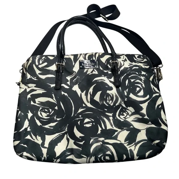Kate Spade Black White Rose Floral Nylon Laptop Bag Crossbody Tote