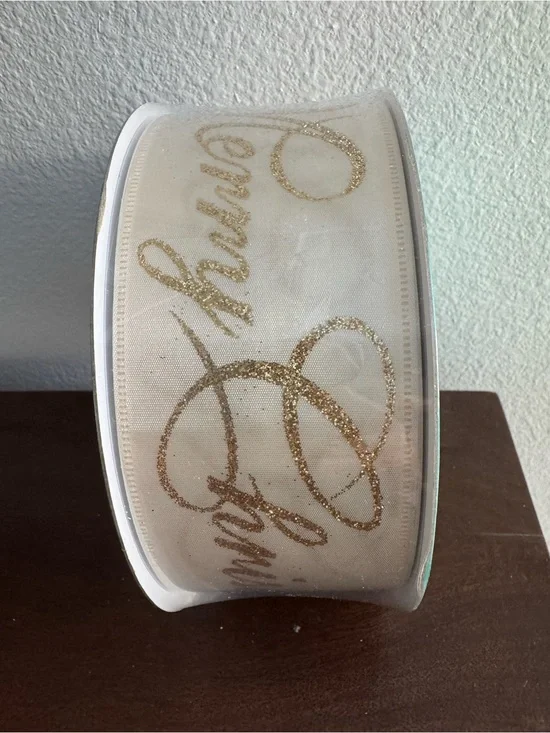 Ivory Ribbon with Gold Glitter Script 50 yds NWT